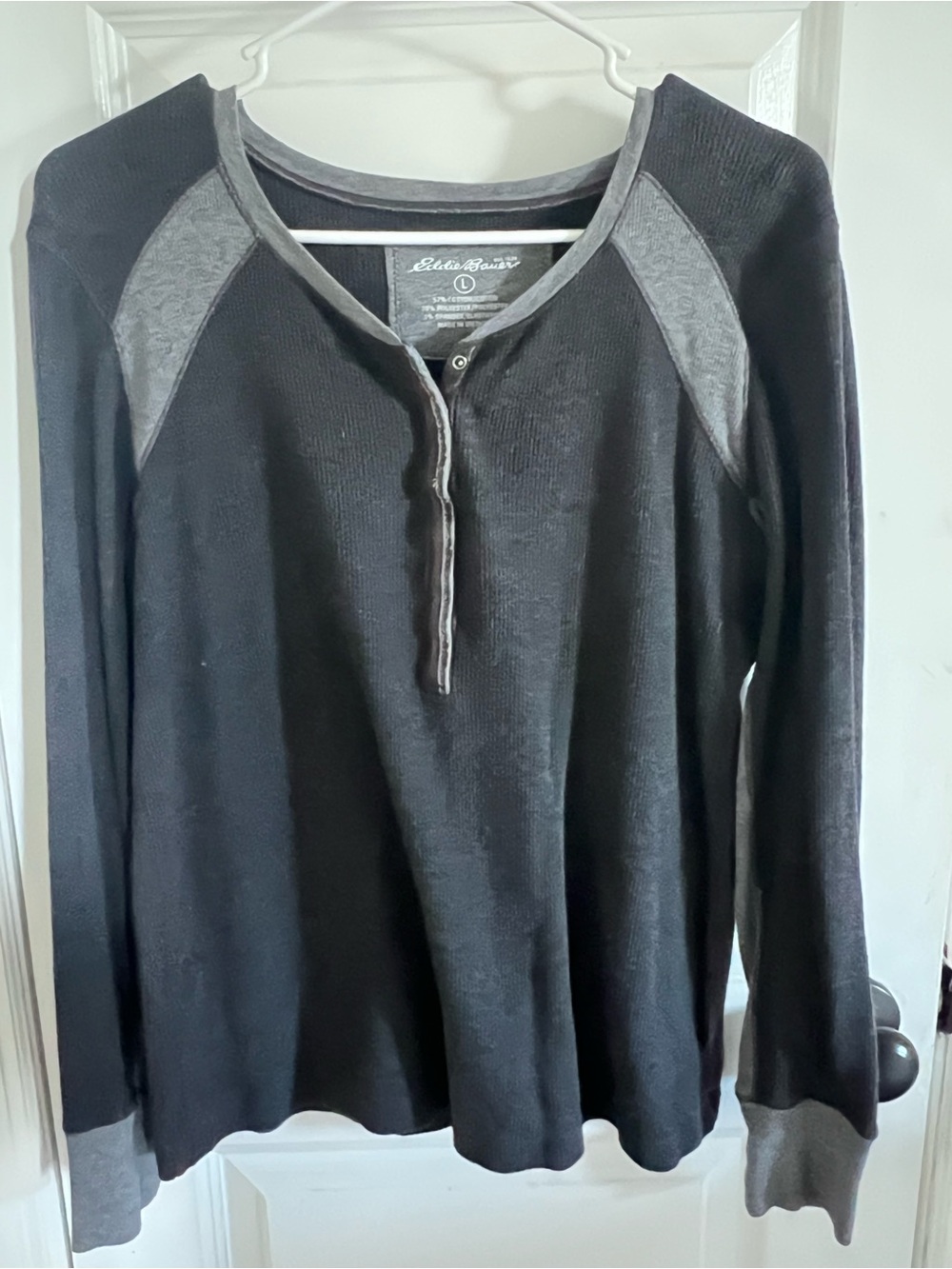 Eddie Bauer Black Crew Henley Sweater with Gray Accents